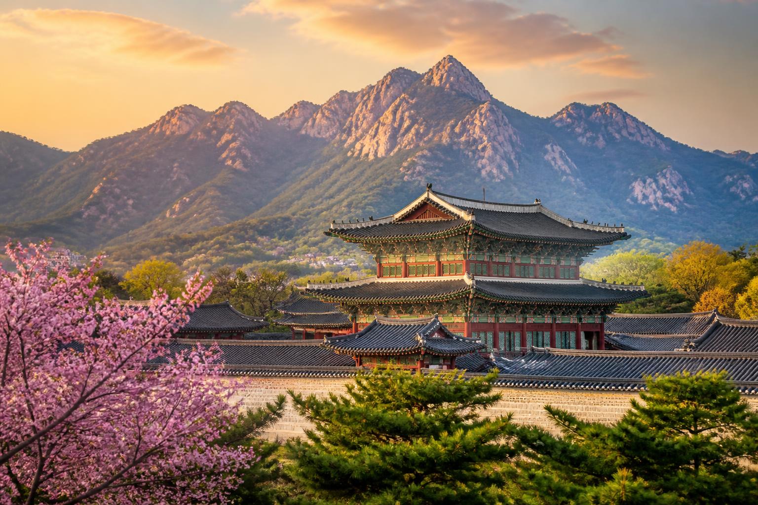 Gyeongbokgung, a szöuli történelmi palota, háttérben hegyekkel